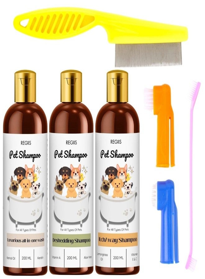 مجموعة شامبو الحيوانات الأليفة من ريجيس، 200 مل، 3 أنواع مع أدوات العناية، لجميع أنواع الحيوانات الأليفة (عبوة من 5 قطع) - Image 1